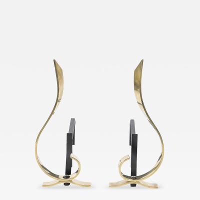 Pair of Mid Century Curvilinear Polished Brass Andirons with Gunmetal Fittings