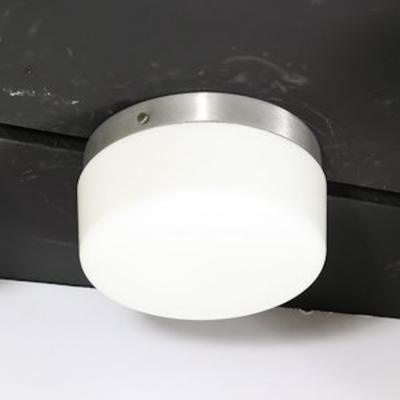 Pair of Mid Century Cylindrical Milk Glass Flush Mounts w Brushed Aluminum