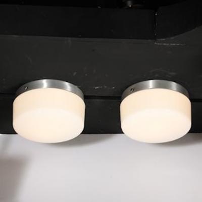 Pair of Mid Century Cylindrical Milk Glass Flush Mounts w Brushed Aluminum