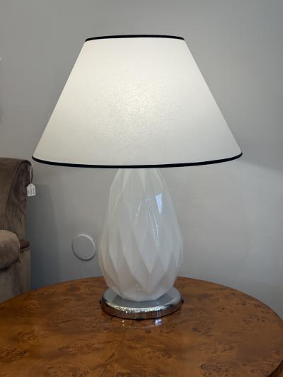 Pair of Mid Century Faceted Opalescent Glass Table Lamps Custom Parchment Shades