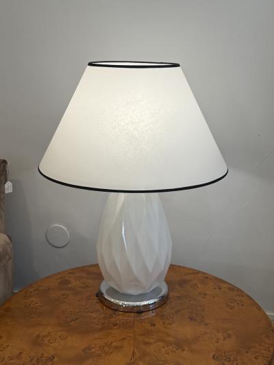 Pair of Mid Century Faceted Opalescent Glass Table Lamps Custom Parchment Shades