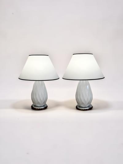 Pair of Mid Century Faceted Opalescent Glass Table Lamps Custom Parchment Shades