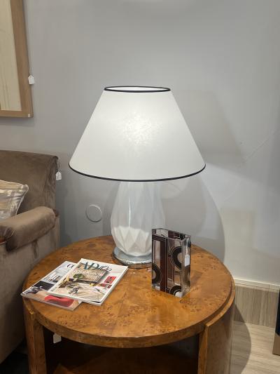 Pair of Mid Century Faceted Opalescent Glass Table Lamps Custom Parchment Shades