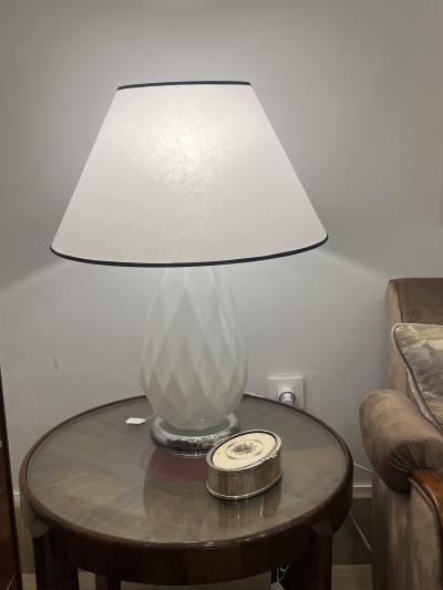 Pair of Mid Century Faceted Opalescent Glass Table Lamps Custom Parchment Shades