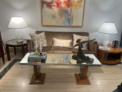 Pair of Mid Century Faceted Opalescent Glass Table Lamps Custom Parchment Shades