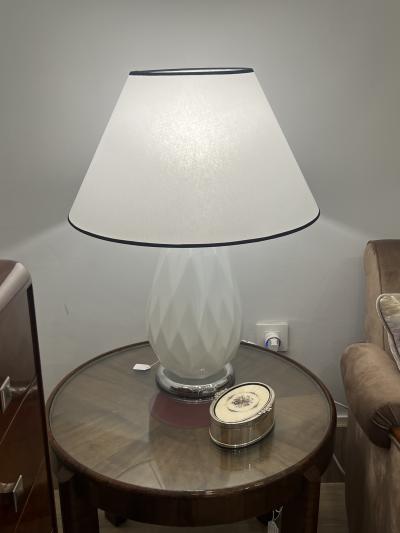 Pair of Mid Century Faceted Opalescent Glass Table Lamps Custom Parchment Shades