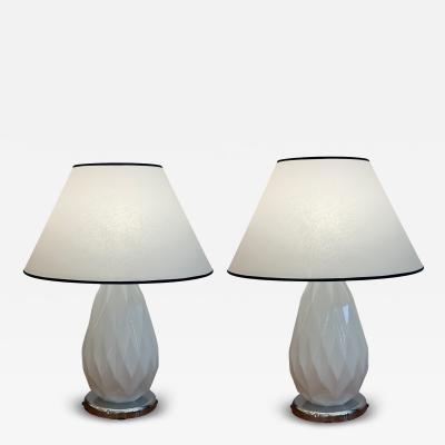 Pair of Mid Century Faceted Opalescent Glass Table Lamps Custom Parchment Shades
