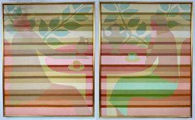 Pair of Mid Century Framed Oil on Canvas Tea Time Signed Melbardis 1979