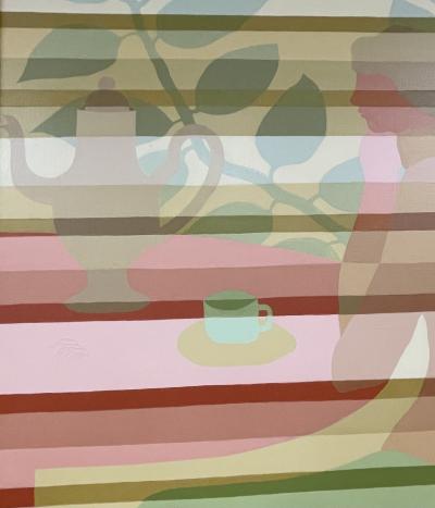 Pair of Mid Century Framed Oil on Canvas Tea Time Signed Melbardis 1979