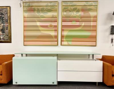 Pair of Mid Century Framed Oil on Canvas Tea Time Signed Melbardis 1979