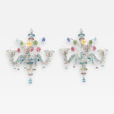 Pair of Mid Century Hand Blown Murano 3 Arm Classical Wall Sconces