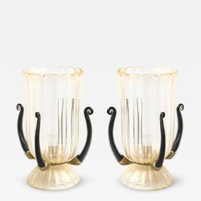Pair of Mid Century Hand Blown Murano Fluted Glass Uplights w 24K Gold Flecks