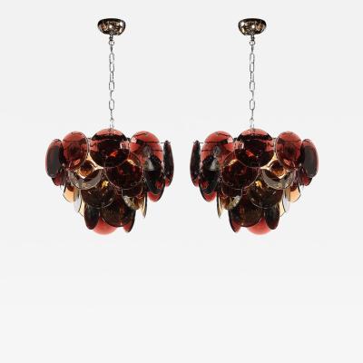 Pair of Mid Century Hand Blown Murano Glass Disc Chandeliers in Smoked Tortoise