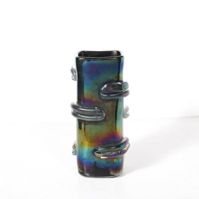 Pair of Mid Century Hand Blown Murano Iridescent Glass Vases