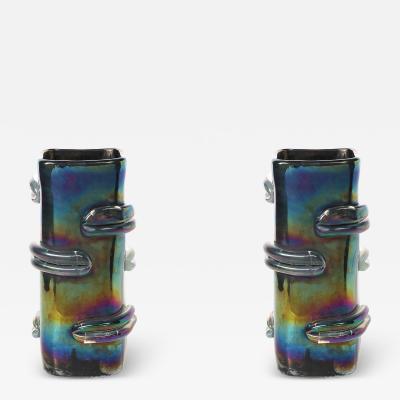 Pair of Mid Century Hand Blown Murano Iridescent Glass Vases