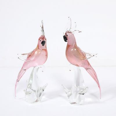Pair of Mid Century Hand Blown Murano Rose Hued Cockateel Sculptures W 24k Gold