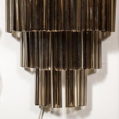 Pair of Mid Century Hand Blown Smoked Murano Glass Three Tier Triedre Sconces