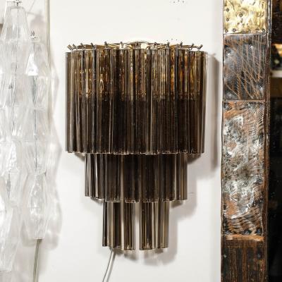 Pair of Mid Century Hand Blown Smoked Murano Glass Three Tier Triedre Sconces