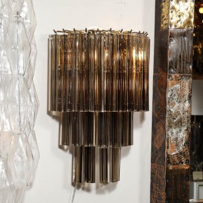 Pair of Mid Century Hand Blown Smoked Murano Glass Three Tier Triedre Sconces