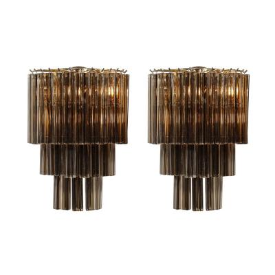 Pair of Mid Century Hand Blown Smoked Murano Glass Three Tier Triedre Sconces