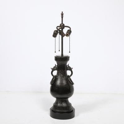 Pair of Mid Century Iron Dragon Amphora Chinoiserie Table Lamps w Ring Details