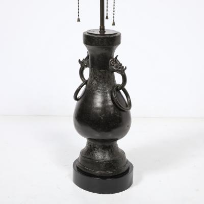 Pair of Mid Century Iron Dragon Amphora Chinoiserie Table Lamps w Ring Details