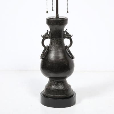 Pair of Mid Century Iron Dragon Amphora Chinoiserie Table Lamps w Ring Details
