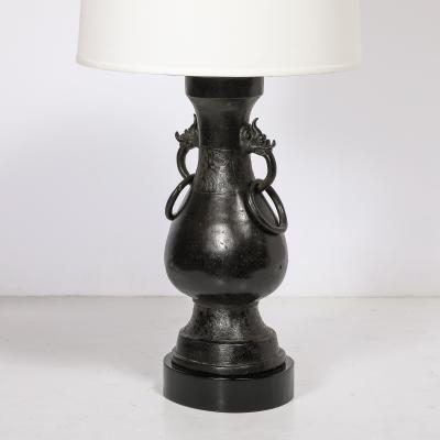 Pair of Mid Century Iron Dragon Amphora Chinoiserie Table Lamps w Ring Details