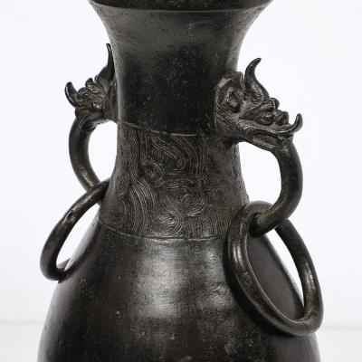 Pair of Mid Century Iron Dragon Amphora Chinoiserie Table Lamps w Ring Details