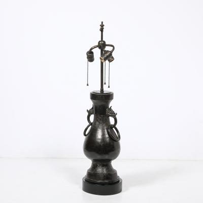 Pair of Mid Century Iron Dragon Amphora Chinoiserie Table Lamps w Ring Details