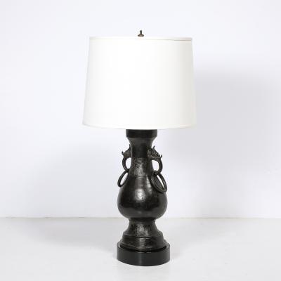 Pair of Mid Century Iron Dragon Amphora Chinoiserie Table Lamps w Ring Details