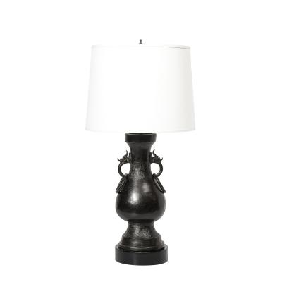 Pair of Mid Century Iron Dragon Amphora Chinoiserie Table Lamps w Ring Details