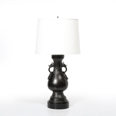 Pair of Mid Century Iron Dragon Amphora Chinoiserie Table Lamps w Ring Details