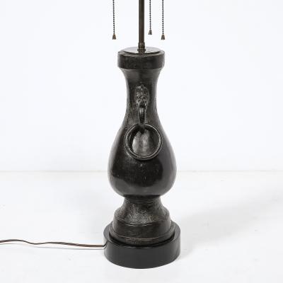 Pair of Mid Century Iron Dragon Amphora Chinoiserie Table Lamps w Ring Details