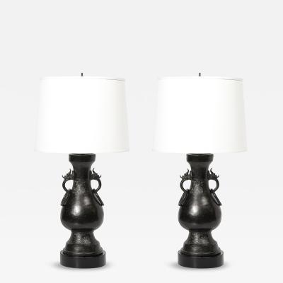 Pair of Mid Century Iron Dragon Amphora Chinoiserie Table Lamps w Ring Details