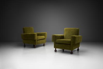 Pair of Mid Century Italian Armchairs with Wooden Bun Feet Italy 1950s