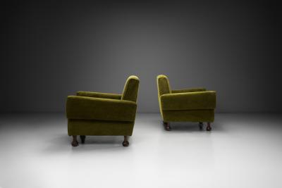 Pair of Mid Century Italian Armchairs with Wooden Bun Feet Italy 1950s