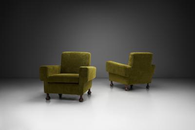 Pair of Mid Century Italian Armchairs with Wooden Bun Feet Italy 1950s