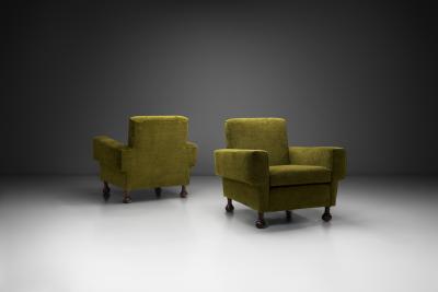Pair of Mid Century Italian Armchairs with Wooden Bun Feet Italy 1950s
