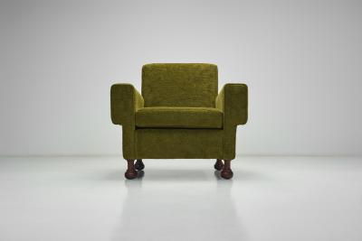 Pair of Mid Century Italian Armchairs with Wooden Bun Feet Italy 1950s