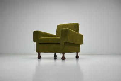 Pair of Mid Century Italian Armchairs with Wooden Bun Feet Italy 1950s