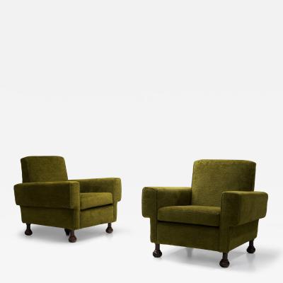 Pair of Mid Century Italian Armchairs with Wooden Bun Feet Italy 1950s