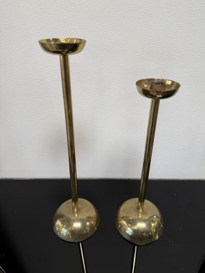 Pair of Mid Century Italian Brass Candlesticks with Sculptural Domed Bases 1960