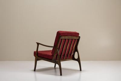 Pair of Mid Century Italian Lounge Chairs in Red Upholstery