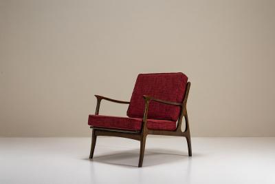 Pair of Mid Century Italian Lounge Chairs in Red Upholstery