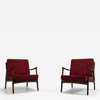 Pair of Mid Century Italian Lounge Chairs in Red Upholstery