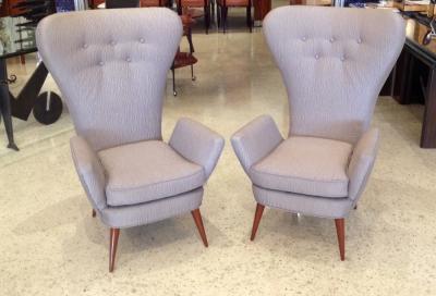 Pair of Mid Century Italian Modern High Back Gray Upholstered Armchairs