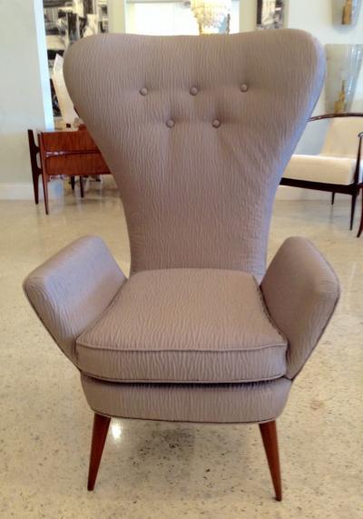 Pair of Mid Century Italian Modern High Back Gray Upholstered Armchairs