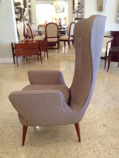 Pair of Mid Century Italian Modern High Back Gray Upholstered Armchairs