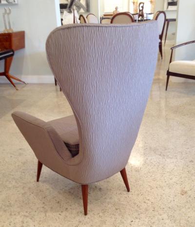 Pair of Mid Century Italian Modern High Back Gray Upholstered Armchairs